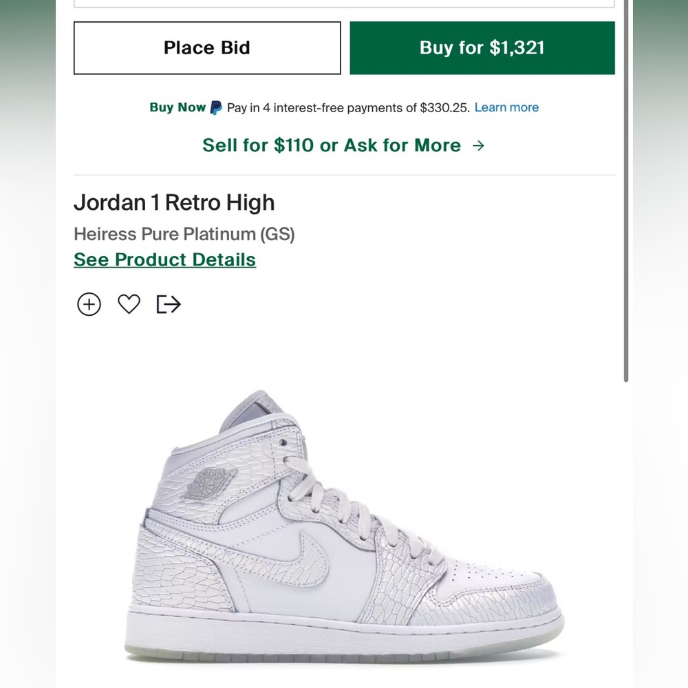 jordan 1 retro high “Heiress Pure Platinum”